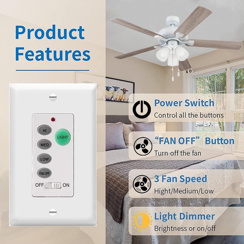 53T Universal Ceiling Fan Wall Remote Control, 3 Speed, Light Dimmer, 4-DIP Switch Compatible with Hampton Bay, Harbor Breeze, Hunter (Wall Remote Kit) - Image 2